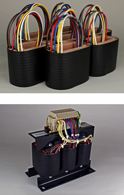 Composite image of Osborne's handcrafted coils and a three phase transformer. High Performance Transformers.